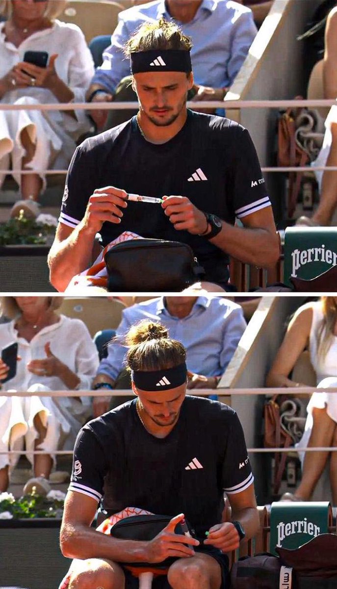 imyash_s's tweet photo. During a match at Roland Garros, a chair umpire told Zverev he'd need to use his toilet break to inject his insulin.

Zverev stared at him.

Then pulled out his pen and injected himself on court, in front of everyone.

That's who this man is. 🧵 https://t.co/Eu1mjywt6r
