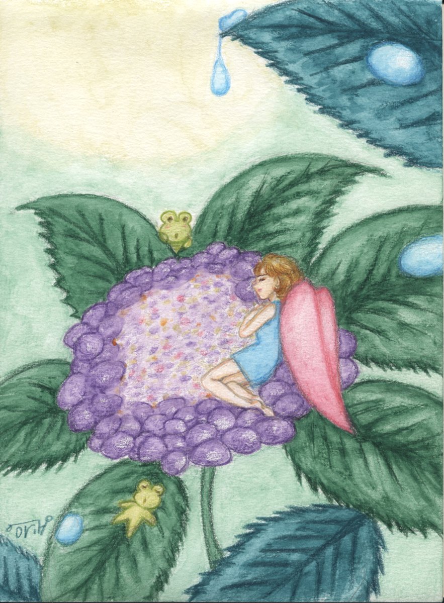 orihpon's tweet photo. 只今22℃☁️fairy　あじさいベッド（再掲）hydrangea
あれれ～　
なんか知らない子が寝てるんだけど？
オイラのベッドだけど
まあ許してやるよ！
オイラのハートは空よりも海よりも大きいのさ

#絵描きさんとつながりたい #アナログ絵描きさんと繋がりたい #イラスト好きさんと繋がりたい #illustration https://t.co/he7K7vT8eV