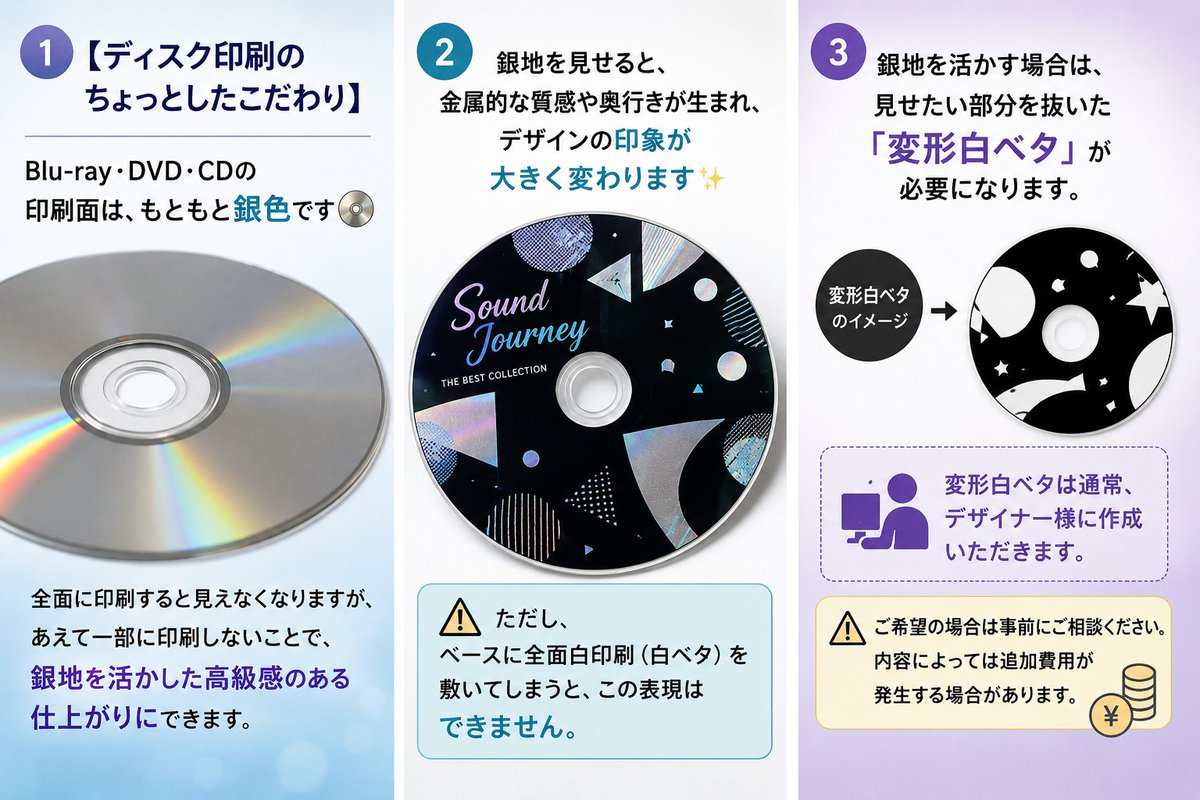 nvsdiscs's tweet photo. 【ディスク印刷のちょっとしたこだわり】

Blu-ray・DVD・CDの印刷面は、もともと銀色です💿

全面に印刷すると見えなくなりますが、あえて一部に印刷しないことで、銀地を活かした高級感のある仕上がりにできます。

#DVDプレス #CDプレス #ブルーレイ #企業相互フォロー https://t.co/zwtAbUwl0u