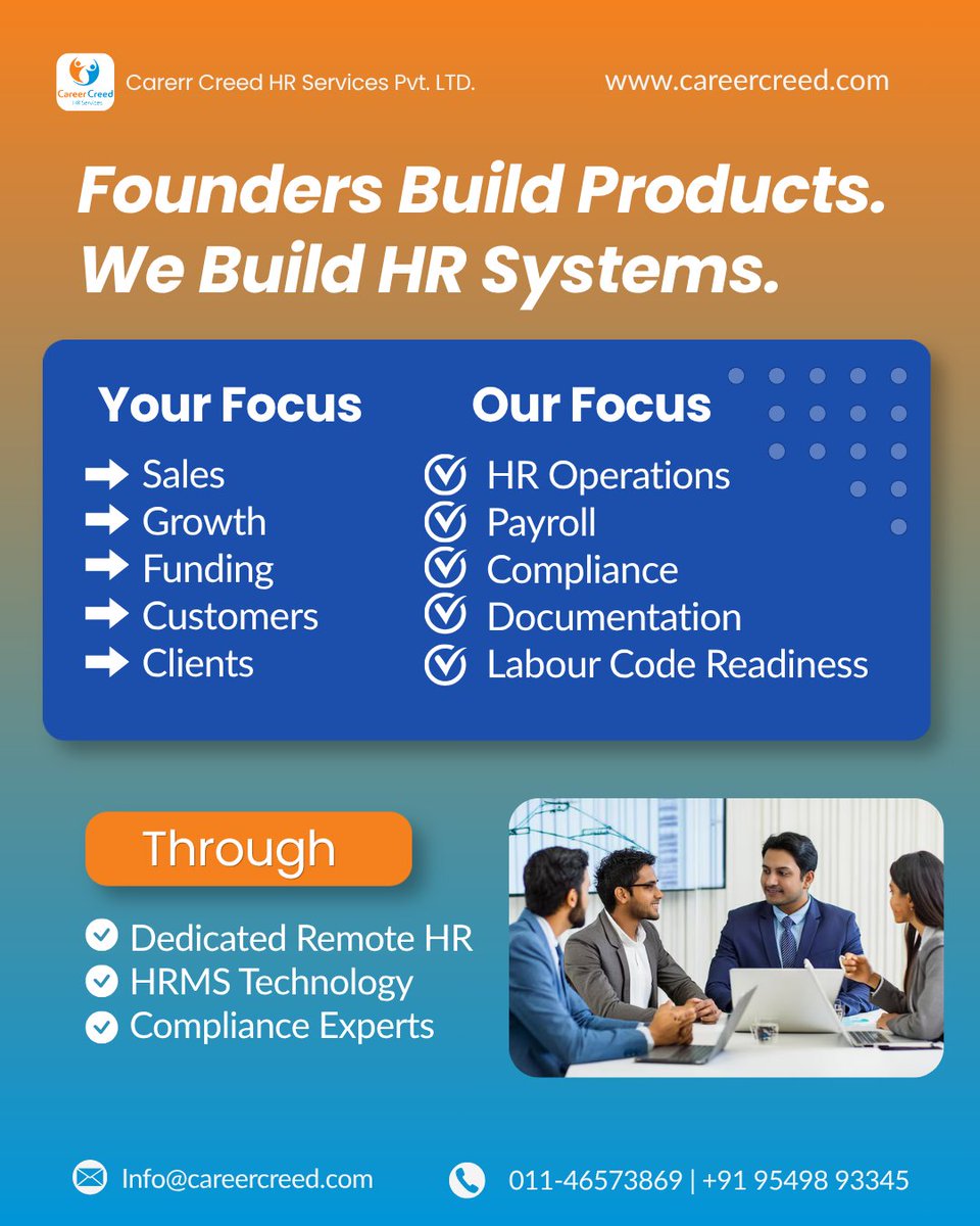 careercreed's tweet photo. Founders should focus on growth, not payroll, compliance, and HR administration.
Career Creed helps startups build scalable HR systems through Dedicated Remote HR, HRMS Technology, Payroll Management, and Compliance Support.
#StartupIndia #HRTech #Payroll #Compliance #RemoteHR https://t.co/XQGu5BQeZe