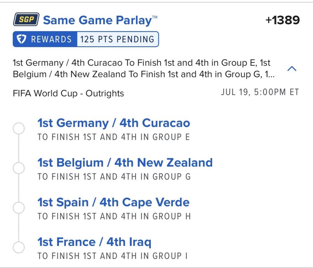 Chedzz's tweet photo. World Cup Groups Future (+1400) ⚽️🏆

⭐️Fave 1: Spain / Cape Verde (+115) 
❤️Daily Footy Content for the WC
💰$100 if this Future Smacks
🔗in the replies

Really like this future. 4 teams pretty clearly the best in their group. Similarly I think the 4th place teams are all the worst in their groups. 

Spain / Cape Verde is my favorite one, Ill solo bet that at + money.

France in a tougher group but still think they are the best by far. Iraq IMO has no chance in that one.