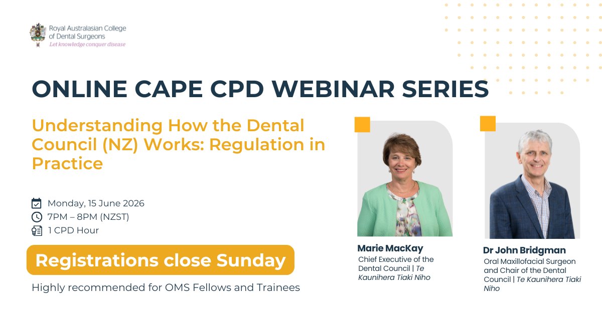 RACDSEducation's tweet photo. ⏰ Final opportunity to register.

Gain practical insight into complaints, notifications and regulatory decision-making under Aotearoa New Zealand's HPCA Act in this complimentary Online CAPE CPD Webinar.

📅 15 June 2026
🎓 1 CPD Hour

🔗https://t.co/7gQBhNMdLu

#RACDS #OMSCPD https://t.co/Hjp6X3sXNV