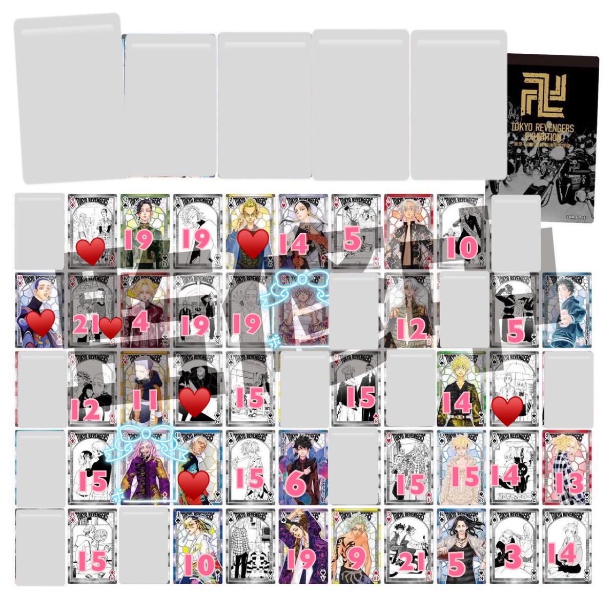 saaya_goods's tweet photo. 【交換】
東京リベンジャーズ 東リベ 台湾 トランプ 小撲克牌

譲：画像参照
数字のないものは20

求：三途春千夜、瓦城千咒(♦︎2>>♥Q)

✧♦︎2を含むお声がけのみ
✧友人分の一虎くん、真一郎くん、河田兄弟も検討可(条件有)
❤️は1枚20円で譲渡可能

お気軽にお声掛けください https://t.co/sIQsRZqGQW