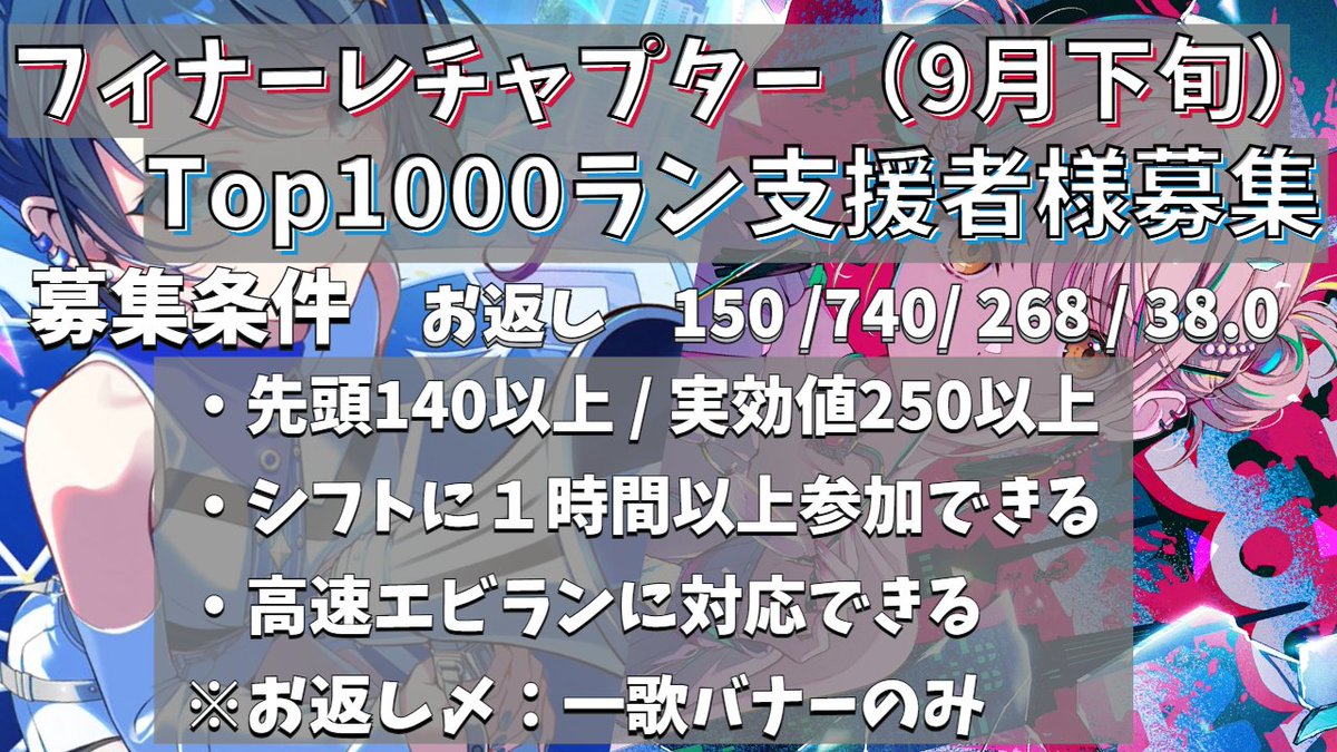 IH0811161's tweet photo. 【お知らせ】
９月に行われるフィナーレチャプターをTOP1000目指してイベランします！ご支援いただける方は、私の固定ツイートから「リプやDM不要で」イベラン鯖にご参加していただければと思います。（リプしていただいてもOKです）
ぜひともよろしくお願いいたします！
#プロセカ募集 #プロセカ協力 https://t.co/bPc7xrICBO