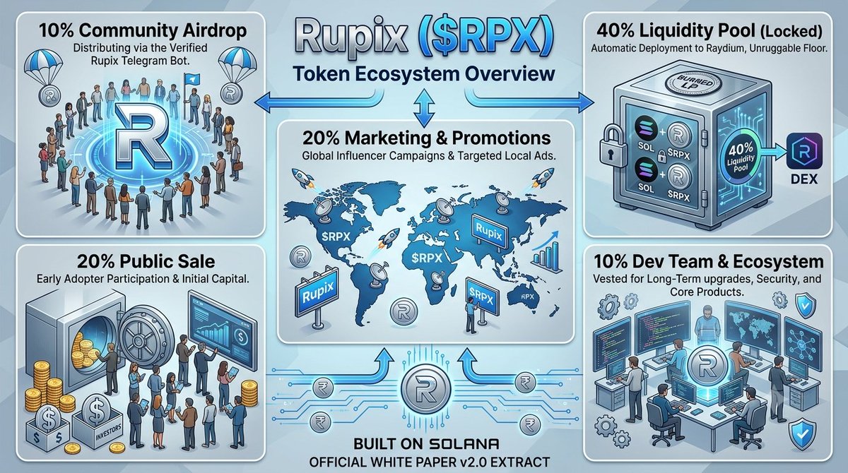 Rpx_rupix's tweet photo. Rupix Token ($RPX) Official Tokenomics v2.0 is HERE!
​Balanced &amp; engineered on #Solana for continuous growth and massive liquidity:
​🔒 40% Liquidity Pool (Locked)
💰 20% Public Presale
📣 20% Global Marketing
🎁 10% Community Airdrop
💻 10% Dev Team
​100% Fair Launch via Pump https://t.co/wv3JEGsqgJ