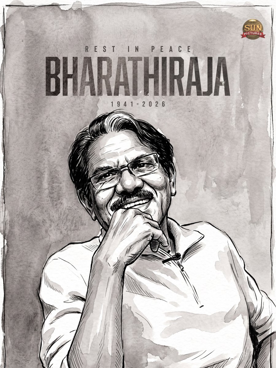 sunpictures's tweet photo. An irreplaceable loss to Indian cinema, his timeless legacy will live on forever. Deep condolences to his family and loved ones.

#RestInPeaceBharathiraja #RIPBharathiraja https://t.co/VGlfmrI3Eh
