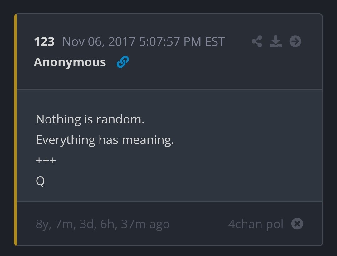 See17Q's tweet photo. @EliteSavior 123💧

Nothing is random. Everything has meaning.
 +++ 
Q https://t.co/SEyHfXlIzH