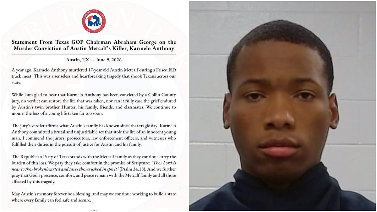 kwtx's tweet photo. The chairman of the Texas Republican Party issued this statement tonight after the conviction of #KarmeloAnthony in the murder of #AustinMetcalf.  Latest: https://t.co/Uq4cVQYQkw https://t.co/KQcz94qv78