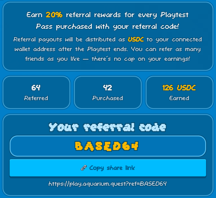 AquariumQuestCo's tweet photo. We've added a referral system to the game.

Earn a 20% kickback in USDC rewards for every referral that purchases a playtest pass.

1. Visit https://t.co/AEbPu7YMhg
2. Create your unique Referral Code
3. Share your referral link and earn! https://t.co/QUz8Mrazhb