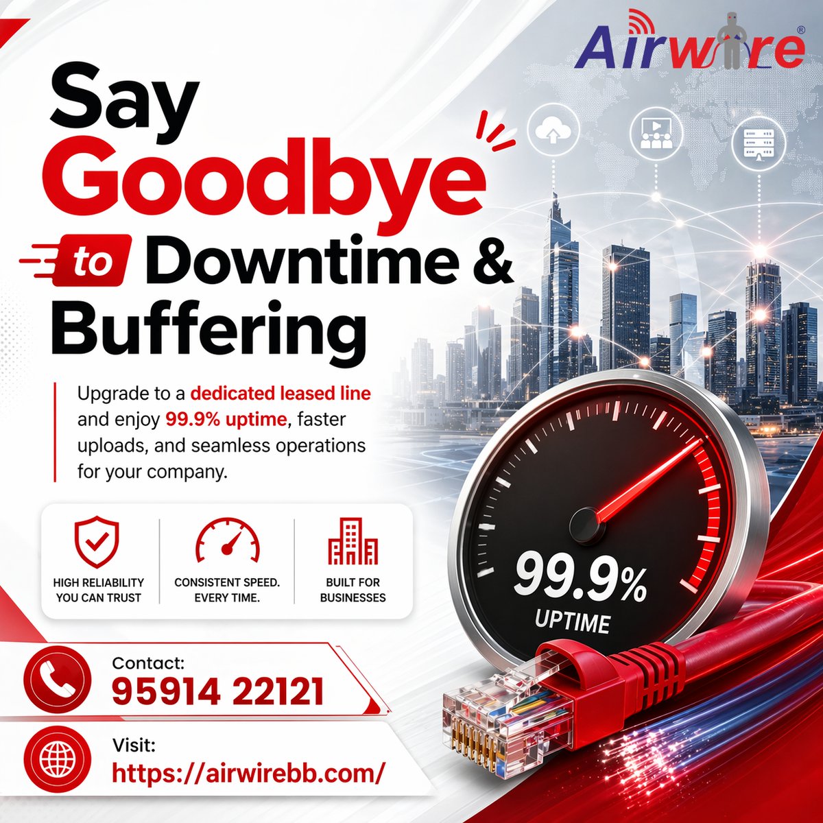 airwireweb's tweet photo. 𝐒𝐚𝐲 𝐆𝐨𝐨𝐝𝐛𝐲𝐞 𝐭𝐨 𝐃𝐨𝐰𝐧𝐭𝐢𝐦𝐞 &amp; 𝐁𝐮𝐟𝐟𝐞𝐫𝐢𝐧𝐠! 
 Contact: 95914 22121
 Website: https://t.co/sr3wcnD4zD
#AirwireBroadband #DedicatedLeasedLine #BusinessInternet #99Point9Uptime #HighSpeedInternet #ReliableConnectivity #EnterpriseSolutions #BusinessBroadband https://t.co/hRgOpXGkdx