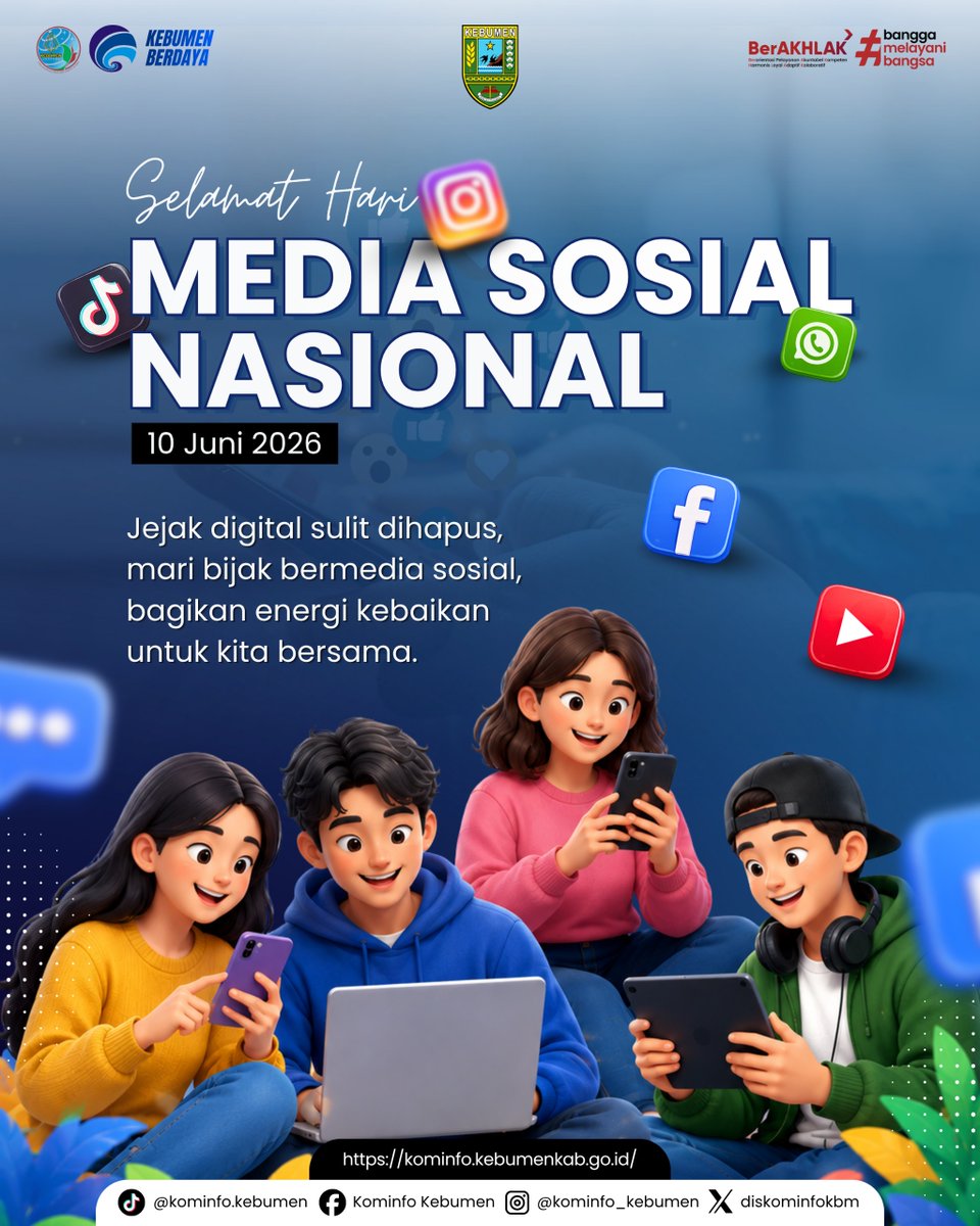 diskominfokbm's tweet photo. Selamat Hari Media Sosial Nasional 2026

Media sosial telah menjadi bagian penting dalam kehidupan sehari-hari. Karena itu, mari menggunakannya secara bijak, bertanggung jawab, dan beretika dengan menyebarkan informasi yang benar serta konten yang bermanfaat. https://t.co/BVk8gCwVM2