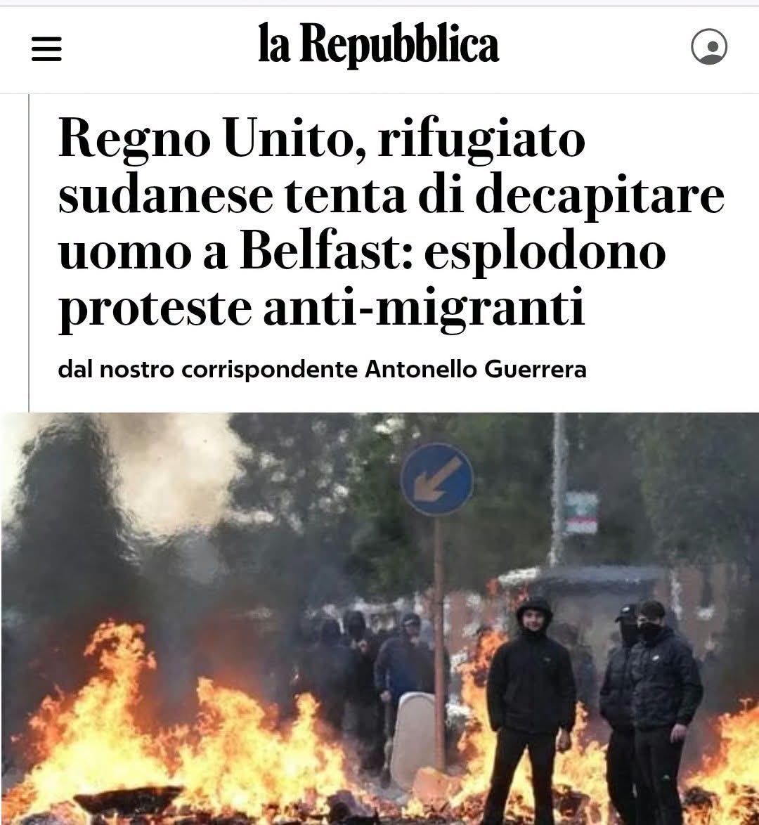 itsmeback_'s tweet photo. 🔴 #Belfast brucia, rivolta contro immigrati dopo decapitazione: cacciati dai centri accoglienza...
🔴 Rivolta a Belfast e in tutta l’Irlanda del Nord: attacchi ai centri accoglienza, ospiti cacciati casa per casa.
Dopo il tentato decapitazione e accecamento, la gente si ribella... Terrorismo islamico o no, è un attacco al nostro sangue... E Belfast ha risposto con la rivolta...
🔴 Cosa aspetta Meloni a liberare questi centri? Cosa aspetta a rimandare a casa chi non ha diritto di stare qui? Cosa aspetta a chiudere i rubinetti dell’immigrazione di massa da paesi islamici e africani prima che anche le nostre città finiscano come Belfast? L’Italia non può permettersi di aspettare che qualcuno tenti di decapitare e accecare un italiano in strada per poi vedere le stesse rivolte. I numeri sono sotto gli occhi di tutti: 135mila persone nei centri, costi enormi, rischio altissimo di ripetere lo stesso film visto in Irlanda del Nord...

Il decapitatore islamico di Belfast è un richiedente asilo: 
passato dall’Italia?
Il decapitatore di Belfast è passato dall’Italia? 
Le rotte dell’immigrazione che portano il terrore nelle strade europee... Non sarebbe un caso... Quasi tutti i terroristi islamici, tra quelli non nati in Europa e diventati ‘cittadini’, sono passati da Lampedusa...

- Sandro Greco