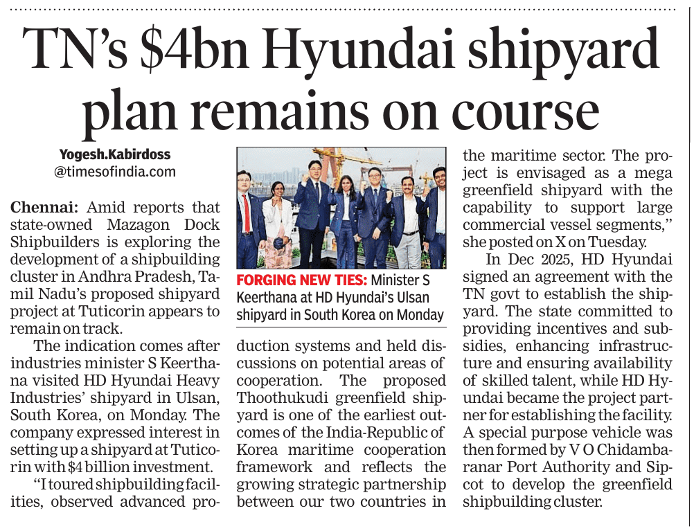 prasannavishy's tweet photo. Tamil Nadu says the proposed $4 billion Hyundai shipyard at Thoothukudi remains on track, and if it materialises, it could be one of the most significant industrial investments in India's maritime sector.

That said, this is far from a done deal. Large shipbuilding projects depend not just on state-level facilitation but also on central government policy support, incentives, infrastructure commitments and long-term strategic backing.

The bigger challenge for Tamil Nadu is execution. Andhra Pradesh under Chandrababu Naidu has built a reputation for aggressively courting investors with a highly coordinated state apparatus and direct chief ministerial involvement. The contrast with the current TN administration is hard to ignore.