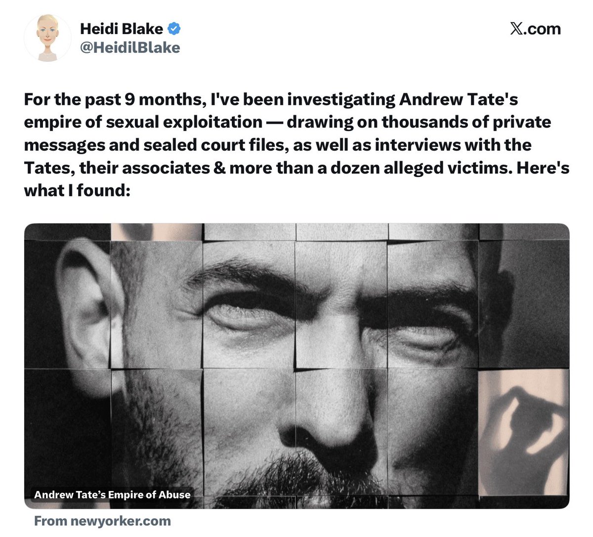 MFWitches's tweet photo. Despicable men survive and thrive in darkness, witches.

Which is why it’s so increasingly vital to call out and fight against their misogyny, violence, hatred and lies. 

Today, we’re reposting a stunningly well-written piece by American writer Heidi Blake. Be warned: it’s very long, and may be graphic and triggering in its descriptions of violence and rape for many. But we believe it’s an important read for those who can stomach it:
 “In one video, Tate described the ‘basic moves of pimping’ while lying on his bed waving a machete. ‘Bang out the machete, boom in her face, then grip her up by the neck’ he said. ‘The machete’s on the floor, her panties are all wet, and you go fuck her. That’s how it goes. Slap, slap, grab, choke. Shut up, bitch. Sex’.”
https://t.co/5tldmIBuNR

And that’s in just the first few paragraphs. 

For us, perhaps the most crucial theme of the piece is how much the women ensnared in Tate’s depraved businesses were aided, abetted and even encouraged by men in high places everywhere. From police forces to legal systems to other collaborators and even those in ostensibly even more hallowed positions (such as the current Vice President of the United States JD Vance, the President’s son Don Junior, and the leader of the UK political party Reform, Nigel Farage), Tate and his brother were repeatedly protected and helped by men without scruple or concern for the exploited and badly harmed women involved. In this, the brothers’ ventures have uncanny similarities to the machinations of Epstein’s even more abhorrent (if that’s possible) activities.

In fact that’s one of the main reasons we’re posting the article today: to demonstrate (if anyone needs this reinforcing) just how much many men working inside entrenched patriarchal systems of power protect themselves and each other to the detriment of everyone else. And to demonstrate that although the depredations of the Australian media in employing and excusing the horrific verbal violence spewed by people such as Kyle Sandilands, Alan Jones and Sam Newman (to name just a few) isn’t in itself as overt or horrific as the activities of Tate and Epstein, all such behaviour exists on a continuum of hatred and harm. And as such, all of it must be strongly resisted and fought against with all our witchy might.

If you needed another reason MFW exists and is determined to counter the oppression and pain far too many women (and those in minority groups) experience when they encounter men like these, here it is. 

Please read if you can. 

And comment on our thread if you’d like, as we’d very much value your opinion on this crucial piece of journalism. 

And finally, if you can answer the question of why we don’t have way, way more reporting of this importance and calibre by all media organisations all the time, you’re doing a fuckload better than us. 
_______

We won’t stop till advertisers stop funding filth. Go to https://t.co/gefVqPNM7A to learn how to contact advertisers. Or go directly to FOE lists for ongoing campaigns here: https://t.co/Es49qK4TCo . Send all responses you get. From companies to witches@mfw.org.au.

Please also support our work to get rid of Vile Kyle: it’s a subscription to the future for the price of a coffee (or two) each month:
https://t.co/LES4fbWnAs

#ToYourBrooms