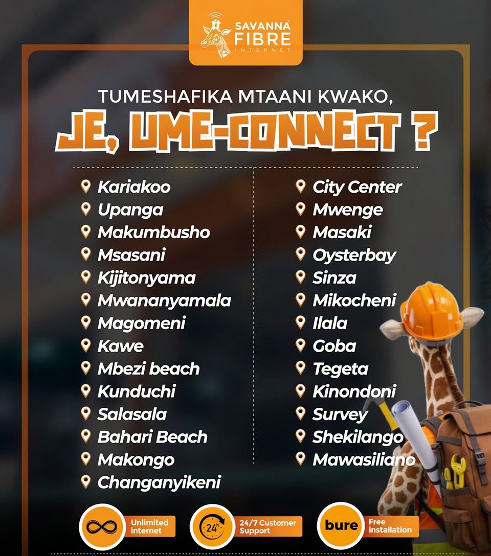 robbybling's tweet photo. 40MBPS - 49,000/=
80MBPS - 59,000/=
200MBPS - 99,000/=
400MBPS - 149,000/=

SAVANNA FIBRE 5G Wi-Fi
5G - Internet 

TEGETA ✅
BAHARI BEACH ✅
SALASALA ✅
KUNDUCHI ✅
CHANGANYIKENI ✅
MAKONGO JUU ✅
GOBA ✅
MBEZI BEACH ✅
KAWE ✅
ILALA ✅
KARIAKOO ✅
 CITY CENTER ✅
UPANGA ✅
KINONDONI ✅
MASAKI ✅
MWANANYAMALA ✅MAKUMBUSHO ✅
MSASANI ✅
OYSTERBAY ✅
MIKOCHENI ✅
SINZA ✅
MWENGE ✅
KIJITONYAMA ✅SHEKILANGO ROAD ✅MLIMANI CITY ✅
SURVEY ✅
MAGOMENI ✅

FREE INSTALLATION✅
UNLIMITED BUNDLE✅

Calls & WhatsApp 

https://t.co/4XrTm9w6gy

0654 735273