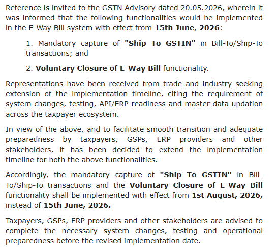 CAclubindia's tweet photo. GSTN Extends Mandatory 'Ship To GSTIN' and E-Way Bill Closure Features to 1st August 2026 https://t.co/ksjHGIfsOK
