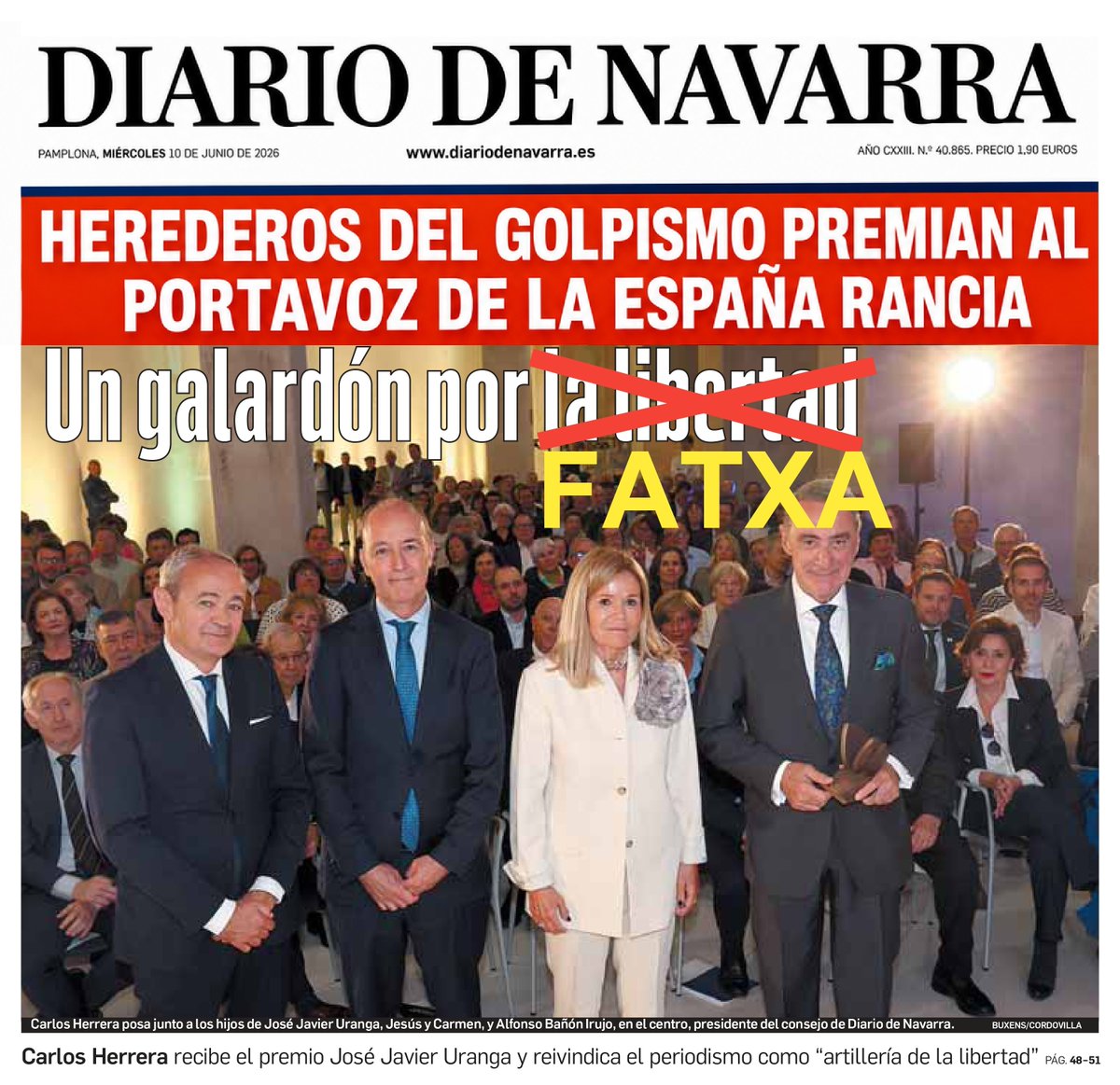DiabloNavarra's tweet photo. 🪓 Fascismo patrio en vena: los ultras de Diario de Navarra premian el odio radiofónico de Carlos Herrera. 📻🔥

🦅 ¡El club del aguilucho de fiesta! Herrera ya tiene su premio al fatxa del año... 🏆🤮 https://t.co/kHyColYD9y