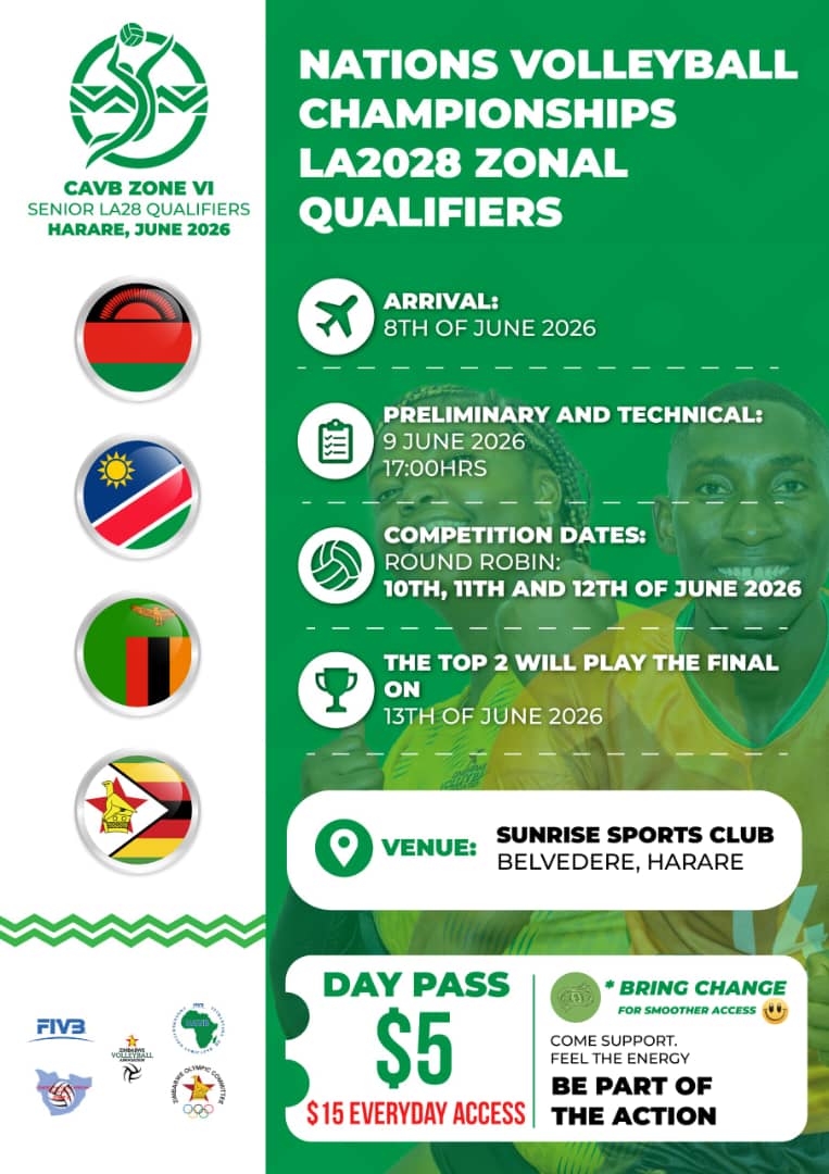 Mupaose's tweet photo. Big for the Zimbabwe Volleyball Community as Zimbawe hosts the Nations Volleyball Championships LA2028 Olympic Zonal Qualifiers. Matches starting today Wed 10 June to Sat 13 June 2026 at Sunrise Indoor Sports Club in Belvedere. Door tickets at $3 entry per day. 🇿🇼🇿🇼 https://t.co/oQW5bUvDAo