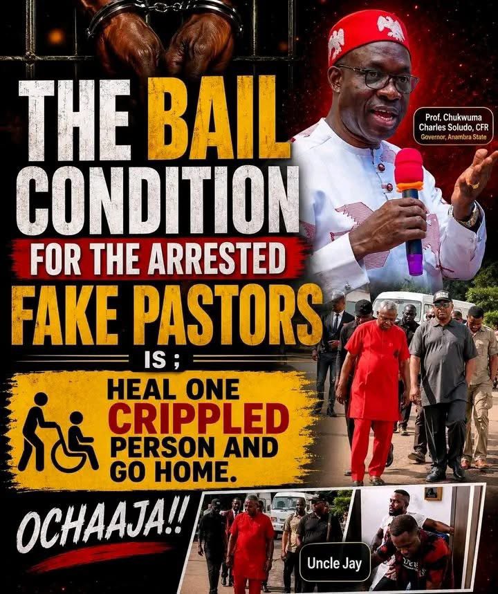 BiaPulse's tweet photo. Anambra State Governor, Chukwuma Charles Soludo, has given the following conditions for the release of the arrested pastor:

1.Heal one blind person
2.Heal one disabled person
3.Heal one kidney patient
4.Heal one cancer patient
5.Raise one person from the dead

Me:They should also invite persons like Mbaka,Oluoma,Ebuka Obi ,Ebube Monso,Oku Nere and others!

We have many fake pastors or reverend fathers!