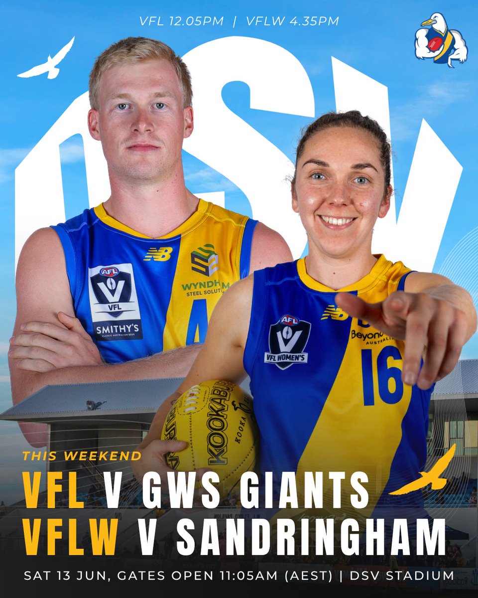 WilliamstownFC's tweet photo. BACK TO DSV STADIUM 🚙💨

We’re back at home for a massive day of footy. VFL kicks things off against GWS at 12:05PM, and the VFLW follow at 4:35PM against Sandringham.

Get down to DSV Stadium early, gates open at 11:05 AM! https://t.co/lxhTp8xRQr