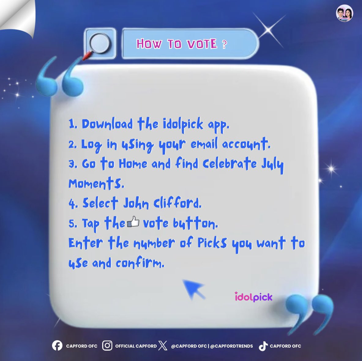 CapFordOFC's tweet photo. CLIFFORD'S BIRTHDAY IS IN JULY!  🤯

ECLIPCE, let's make this happen and give him a special birthday. Vote John Clifford in Idolpick's "HAPPY ANNIVERSARY IN JULY" category. ✨

🏆 1st: 7-Day Myeongdong Billboard
🎯 Goal: 40,000 Picks

📝 Voting guidelines are in the photos below. https://t.co/QRKv81otdO