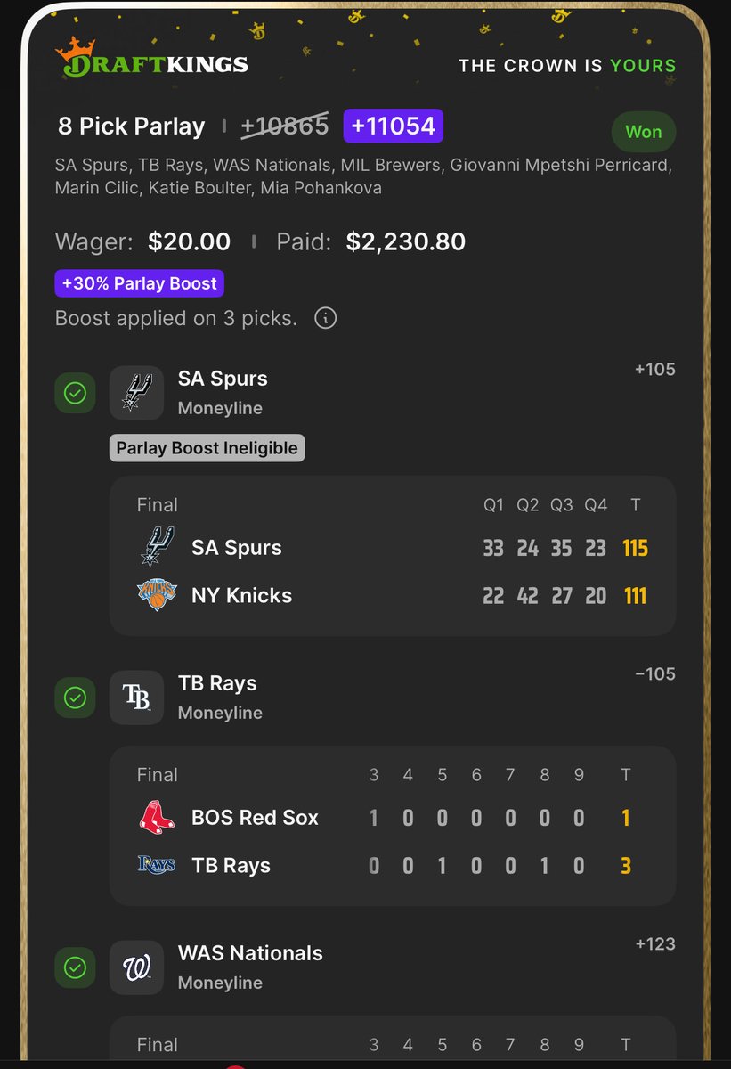 sam263170's tweet photo. Genuinely surprised this bet hit. Just logged into @DraftKings @DKSports and saw this beauty. Nationals pulled it out in the 9th and Brewers in the 12! What’s even crazier is 3 out of 4 of my tennis ml bets won in the 3rd set after being rained out Perricard, Cilic, and Boulter! https://t.co/CGZIClI9US