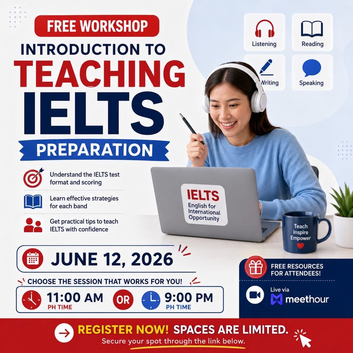 _ace_eis's tweet photo. FREE WORKSHOP!
Introduction to Teaching IELTS Preparation
- June 12, 2026 - choose whether you want to join the
11:00 AM or 9:00 PM session (Ph Time)

Register here: https://t.co/g5yFzVIwpR https://t.co/vqrffEczDN