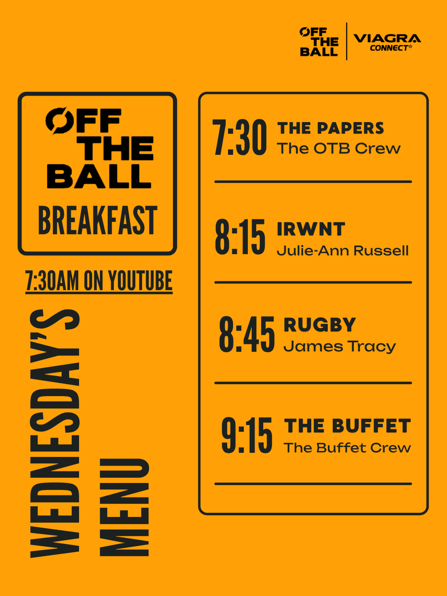 OffTheBallAM's tweet photo. We've got a packed show coming up this morning. 🔥

🇮🇪 IRWNT review with Julie-Ann Russell 
🏉Rugby with James Tracy 
🥘 The Breakfast Buffet 

Watch LIVE ➡️ https://t.co/R8wQHRsvXx https://t.co/BPm9yQciWJ
