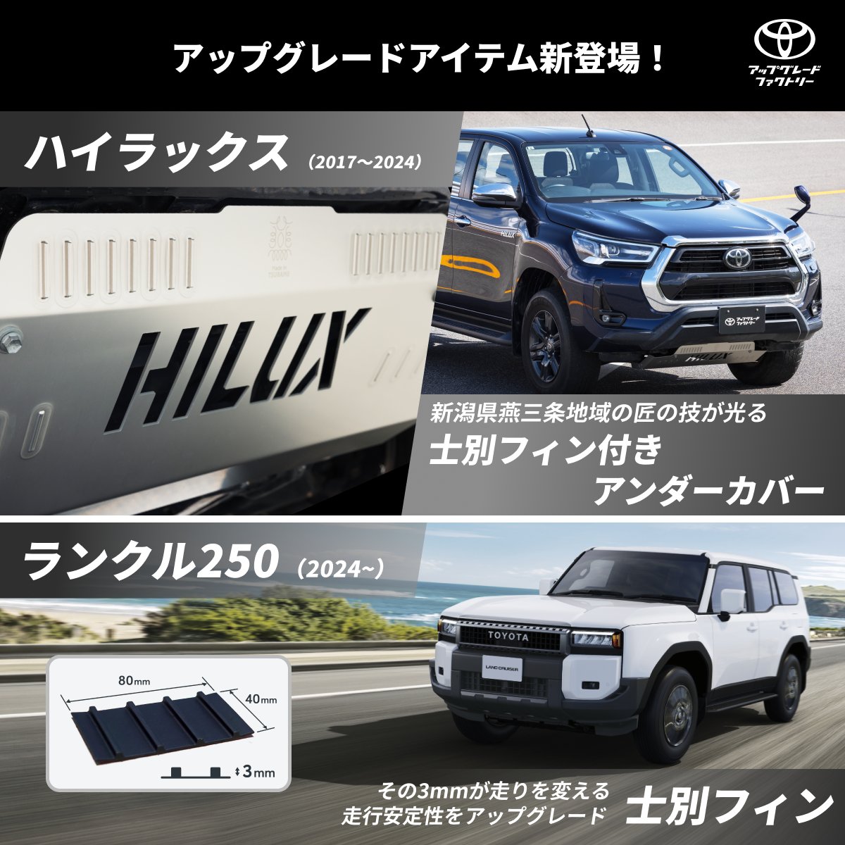 TOYOTA_PR's tweet photo. ◤￣￣￣￣￣￣￣￣￣￣￣￣￣￣￣￣
トヨタ アップグレードファクトリー
ハイラックス(2017～2024)
ランクル“250”(2024～)向け
アップグレードアイテム新登場！
＿＿＿＿＿＿＿＿＿＿＿＿＿＿＿＿◢

【士別フィン付きアンダーカバー/ハイラックス(2017～2024)】
士別で開発されたトヨタの技術×匠の技が融合した魅せるアイテム。
オンロードでの快適な走りとオフロードでの安心感がアップ！

【士別フィン/ランクル“250”(2024～)】
北海道、士別(しべつ)のトヨタ試験場で開発された士別フィン。
車両の底面に後付けすることで、走行安定性をアップグレード！

詳細はコメント欄をチェック！

#トヨタアップグレードファクトリー #ハイラックス