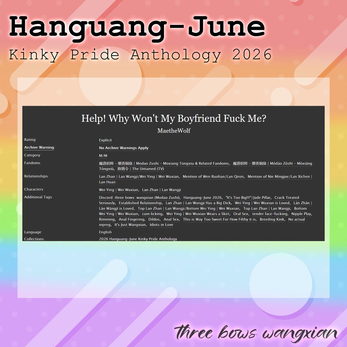 3bowswangxian's tweet photo. "Help! Why Won't my Boyfriend Fuck Me?" By MaetheWolf is our Hanguang-june entry for day 9, 'It's too big!' 

Give this fic some love here: https://t.co/VpgeBazvrM

#mdzs #wangxian #weiwuxian #lanwangji https://t.co/OTu7bQt8un