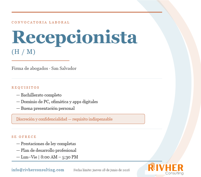 RvhrConsulting's tweet photo. 📢 CONVOCATORIA LABORAL

Firma de abogados en San Salvador busca contratar Recepcionista (H/M) Requisitos: — Bachillerato completo — Dominio de PC, ofimática y apps digitales — Buena presentación personal — Organización e iniciativa — Discreción y confidencialidad (indispensable) https://t.co/EWACkAsn50