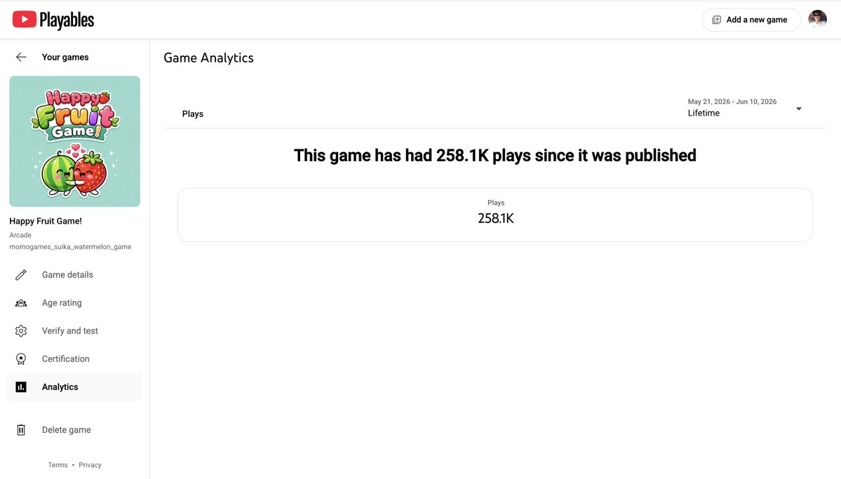 anulagarwal's tweet photo. My game on YouTube crossed 250,000 plays since launch!! 🥳
(and yes you can upload and play games on YouTube)

I have worked on 15+ web-games and 70 million+ players across all of them, but this is the fastest growth I have seen.

Monetization is not yet enabled for my account so I have paused uploading rest of my games for now.

Super excited for this platform!