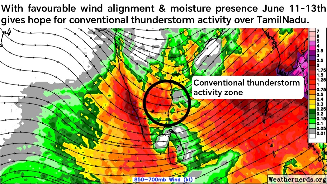 Deltarains's tweet photo. DWM DAILY WEATHER FORECAST DATED 10TH JUNE, 2026

#Topic: Widespread conventional thunderstorm activity chances during June 11-14th, 2026.

Super El Nino impact - Today's in ocean, Tomorrow's in our farm

==> After weeks of scorching 40°C+ temperatures, Chennai finally received much needed light to moderate showers yesterday. Though not heavy, it brought welcome relief from the intense heat.

==> There is good hope for further respite over the next few days. Favourable wind patterns and sufficient moisture in the atmosphere are likely to trigger widespread conventional thunderstorms between June 11 and 14.

==> North coastal Tamil Nadu including #Chennai, North interior Tamil Nadu, Cauvery Delta region and Parts of South Tamil Nadu likely to see conventional thunderstorm activity for next few days.

#ImportantNote:
==> Rains are unlikely during daytime hours and also it unlikely to cover entire district within a day. However, intense lightning and thunder activity is expected with these thunderstorms.

Stay safe and keep umbrellas handy! ⚡🌧️

Stay tuned and connected with @deltarains on X for real-time updates as the weather system evolves! 🌨️🌧️

Thanks & Regards 
R.Hemachander https://t.co/jAwt1q9Cyd., M.E 
Climate Activist, Independent Weather Blogger.
Email: deltaweatherman@gmail.com  

#Disclaimer: This update represents my personal analysis and interpretation.

#Chennai #hottemperature #summerrains #lightning