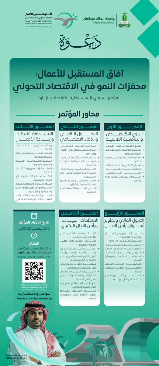 kauedu_sa's tweet photo. تدعوكم كلية الاقتصاد والإدارة بجامعة الملك عبدالعزيز إلى حضور مؤتمرها العلمي السابع “آفاق المستقبل للأعمال: محفزات النمو في الاقتصاد التحولي”، لمناقشة عدد من المحاور المرتبطة بالتحول الاق��صادي، والذكاء الاصطناعي، ورأس المال البشري، وريادة الأعمال.

#جامعة_الملك_عبدالعزيز
#KAU 
#الأعمال #الاقتصاد
