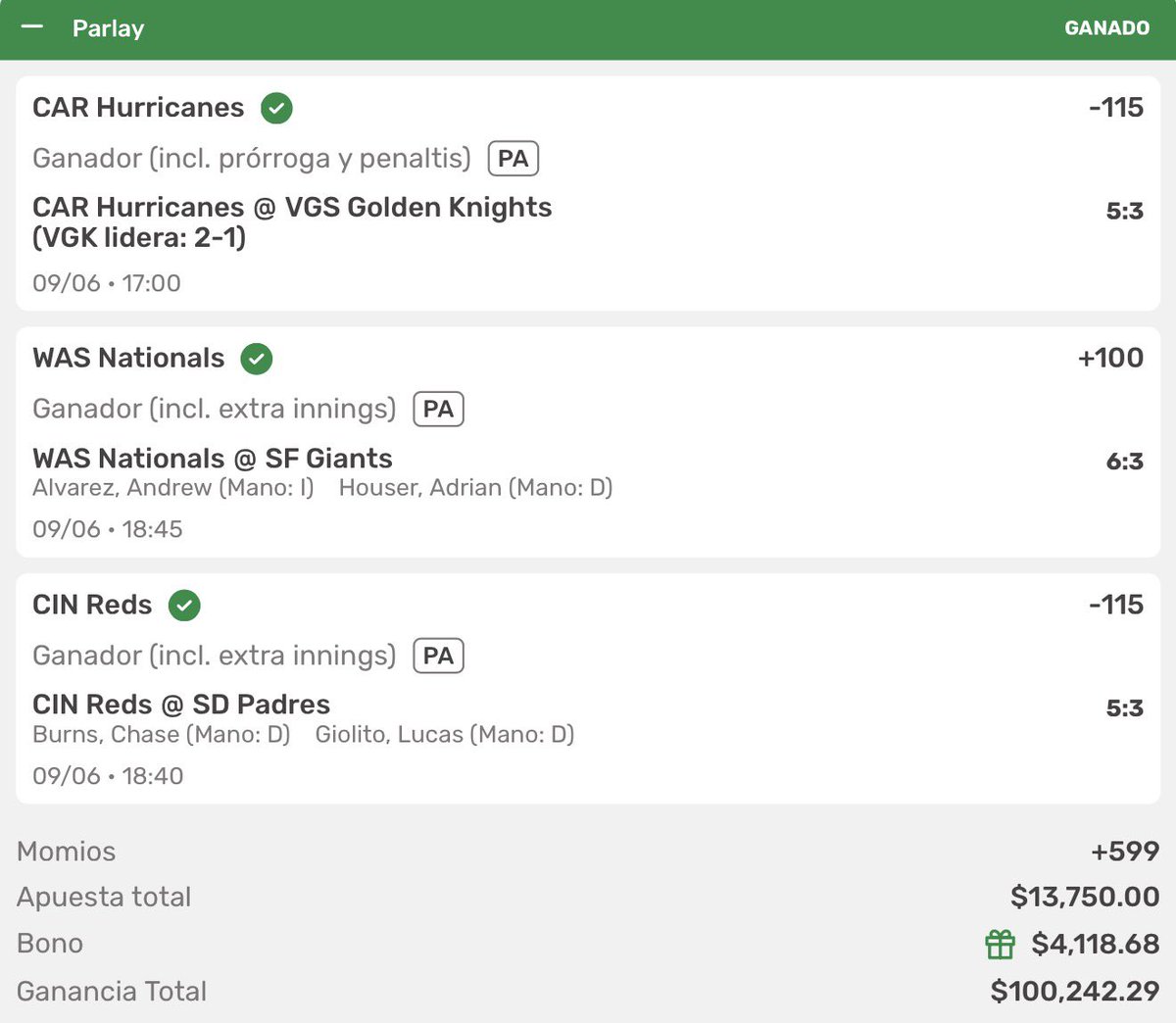 MarcoReyPicks's tweet photo. 🚨🔥 Parlay Triple +600 cobrado y más de $100,000 pesos ganados. ¡A seguir cobrando con la racha que traemos en junio, mis Reyes! 👑💰📈🔥

Si llegamos a 300 RT regalo 5 bonos de $1,000 https://t.co/NlrcaQclWn