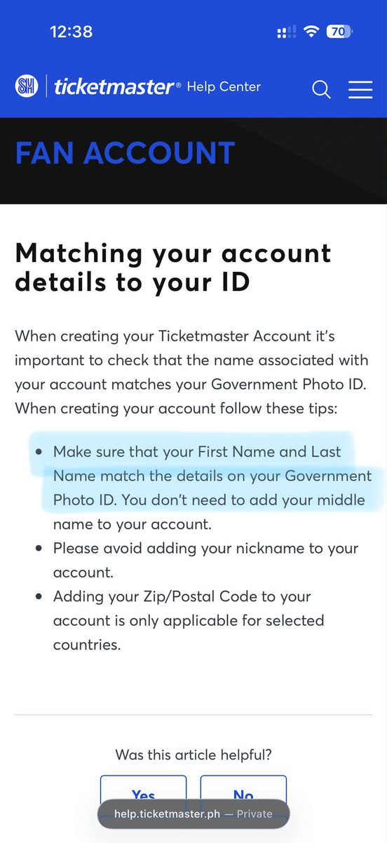 Springbear30's tweet photo. @SMTicketmaster Also, as stated in your policy, “Make sure that your First Name and Last Name match the details on your Gov’t ID.” Though “Ann” is my 2nd name, I would appreciate it if it could be added to my ticket since it appears on my valid ID, just to avoid any issues during verification. https://t.co/JOavjLZEkF