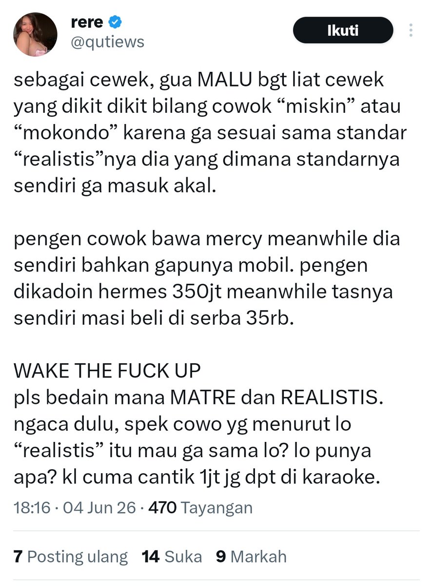 MikamiRambo's tweet photo. @mochajellyy Vice Versa
Pihak cewe harus punya mobil en isi Pertamax juga https://t.co/vwEQvB4dnP