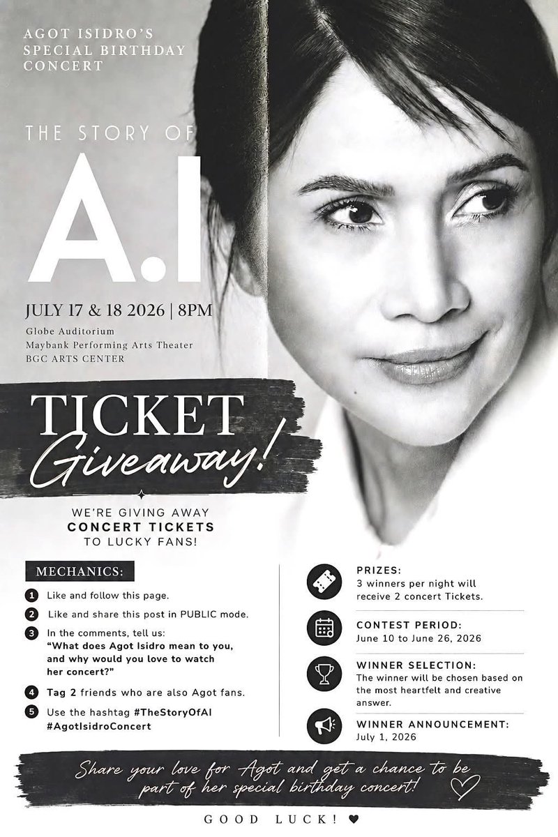 agotisidrofanpa's tweet photo. 🎟️ TICKET GIVEAWAY ALERT ❤️

Share what Agot means to you and why you’d love to be there. The best entries from FB, IG, and X will win concert tickets.

📅 Contest Period: Jun 10–26, 2026
📢 Winners Announced: Jul 1, 2026

Good luck, and we can’t wait to read your stories! ❤️ https://t.co/Ekag49boZn