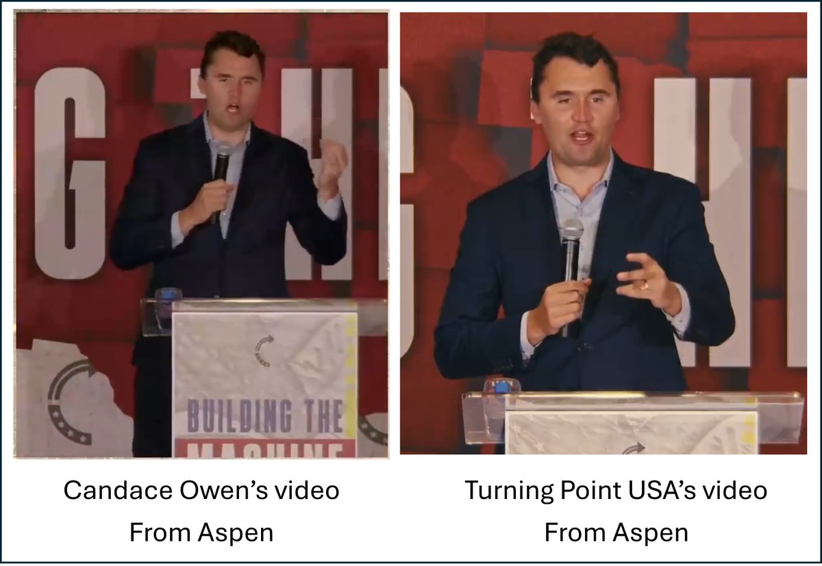FinanceWolves's tweet photo. I have been comparing both the videos posted by Candace Owens and Turning Point USA of the Aspen event. They look different to me. Look at the lighting reflection on the microphone. Why would that change unless the video was doctored? https://t.co/A39gf5hOJx
