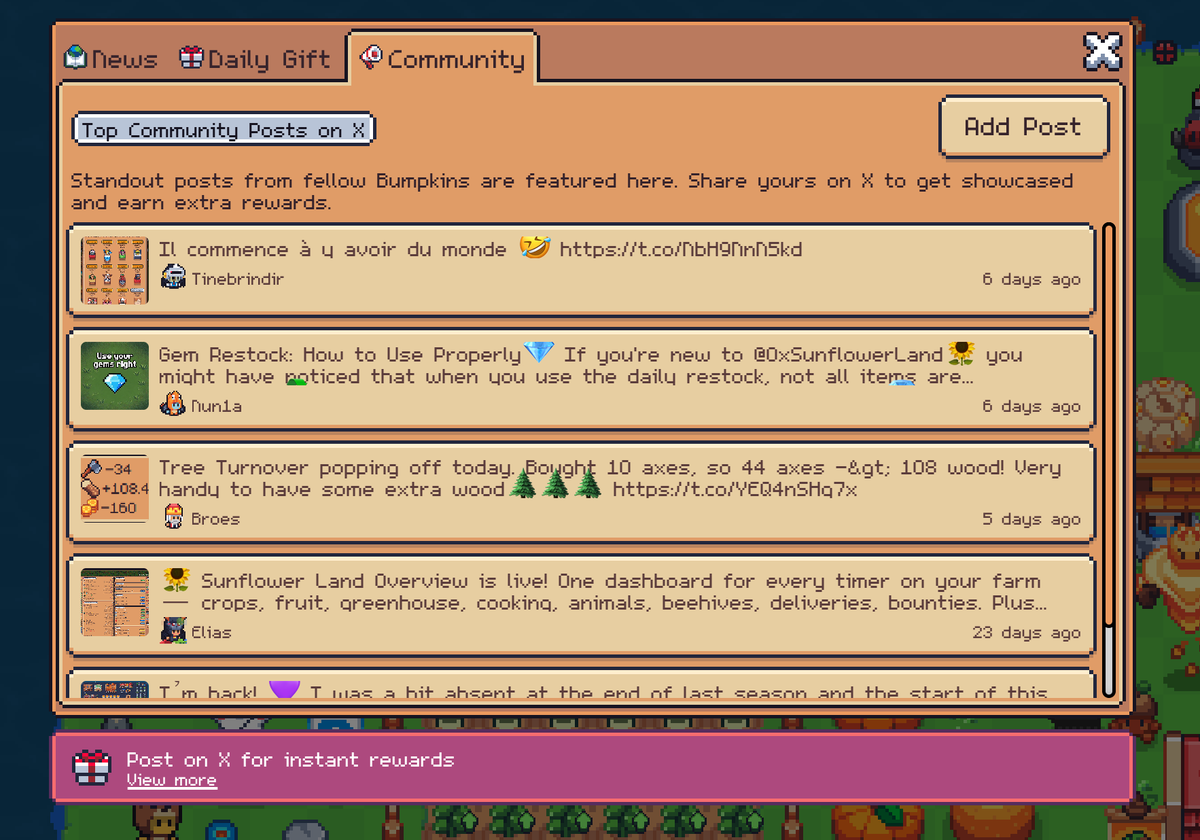bumpkinbuilder's tweet photo. There is a lot of magic integrating your game with your Web3 communities directly.

Right no we are experimenting with more X + Discord integrations in game. The aim is to give better communication for everyone and ways to discover more content around Sunflower land.

If you are posting on X, keep an eye out for this upcoming section in the game 👀
