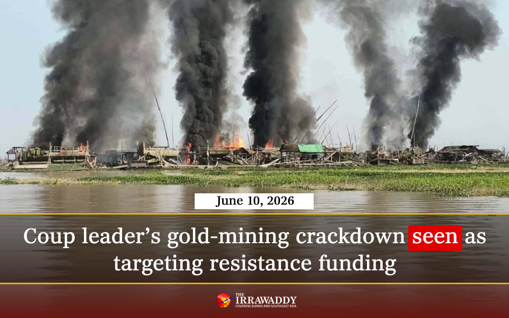 IrrawaddyNews's tweet photo. Coup leader Min Aung Hlaing said Tues his govt will suppress illegal gold mining. He framed the move as environmental, but analysts say his aim is to cut off resistance funding. Photo: Resistance gold-mining site in Sagaing bombed by the junta in March / CJ #WhatsHappeningInMyanmar