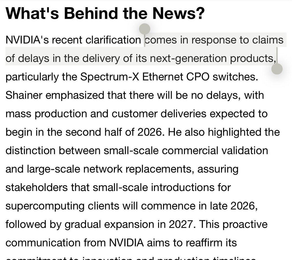 renstocks_'s tweet photo. There has been a lot of commotion in the photonics world after a SemiAnalysis report claimed CPO was delayed. This had a direct impact on photonics-related stocks: $LITE $AAOI $COHR $MRVL $TSEM

First, you have NVIDIA pushing back on it.

Gilad Shainer, SVP of Networking, addressed the delay claims during GTC/Computex in Taipei -- confirming Spectrum-X Ethernet CPO switches remain on track for mass production and customer deliveries in H2 2026. He also revealed NVIDIA has already begun shipping the Spectrum-X CPO switch (developed with TSMC) to select partners, with throughput up to 400 Tbps and production capacity expected to increase through the second half of the year.

Then you have Lumentum, one of the most important photonics companies.

CEO Michael Hurlston made the case that optical scale-up is a generational opportunity -- bigger than scale-out. He framed it as a fourth growth driver and a "generational game-changer," with first scale-up CPO shipments expected by late 2027, replacing longer copper connections inside data centers.

Mizuho projects CPO penetration growing from ~4% in 2026 to ~30% by 2029 -- a 153% CAGR over that window -- with a 3x intensity increase vs. current scale-out and a major inflection expected in 2028.

I'd rather bet on the companies making the moves than the analysts drawing their own conclusions.

Bullish photonics, I don’t believe in this FUD.