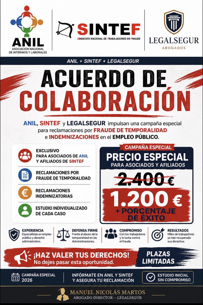 sintef4's tweet photo. Acuerdo con ANIL y SINTEF.

A todos los asociados y afiliados, como ventaja y ante las demandas que se van a presentar a nivel nacional, se ha acordado esta campaña exclusiva para ellos. Los que están apuntados ya y fuesen asociados o afiliados se les aplicaría también. https://t.co/ufI1DjANMY