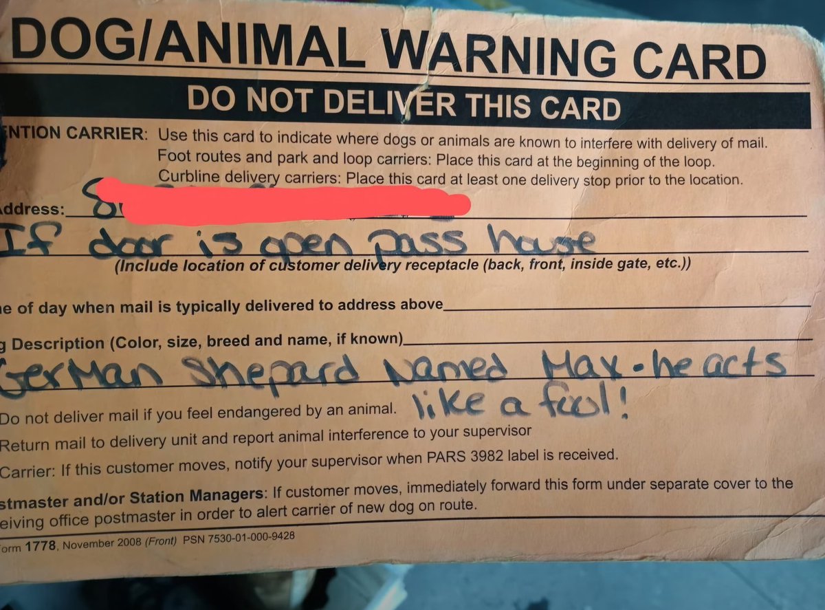LikeAMailman's tweet photo. Before dog warnings popped up on scanners, carriers had to rely on old school dog warning cards. Basically, USPS's version of reminders except all of them were "Avoid this house if you dont trust a screen door" And occasionally "Turkey. Somehow there's always a turkey" #podcast https://t.co/yFdlLUpOGN
