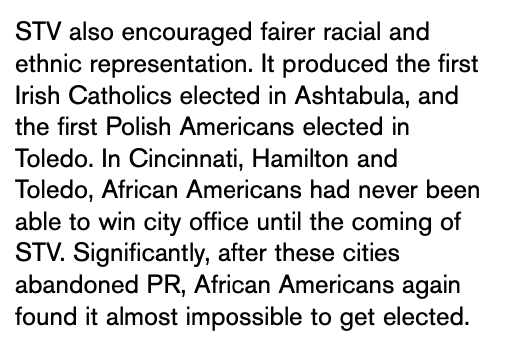 simplifiedseth's tweet photo. In an article on STV in the US, Prof. Douglas Amy writes that, through the early 1900s, US cities adopted STV and subsequently took "power away from party leaders" by electing city governments that represented the ideological diversity of their citizenry.
https://t.co/Ja0SPrx91E https://t.co/DG9iezWnSA