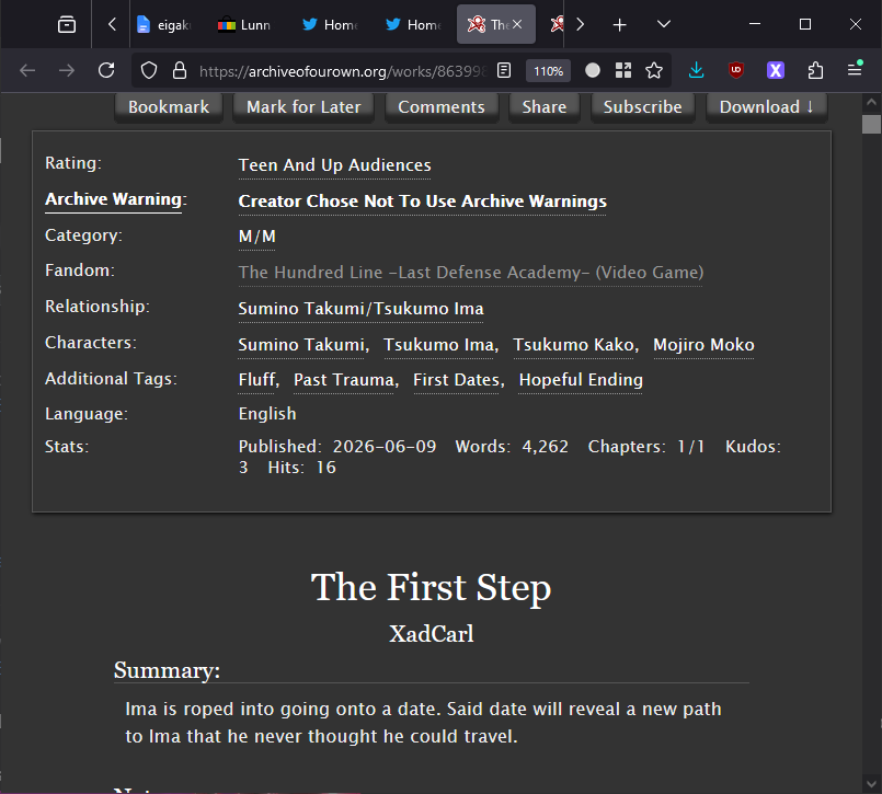 100rarepairs's tweet photo. You kind of have to dig a little to get any Takumi rarepairs... But some people are willing to do the work! Here's "The First Step," a Takumi/Ima fic by @carl_xad ! https://t.co/jFz2Ae44kP