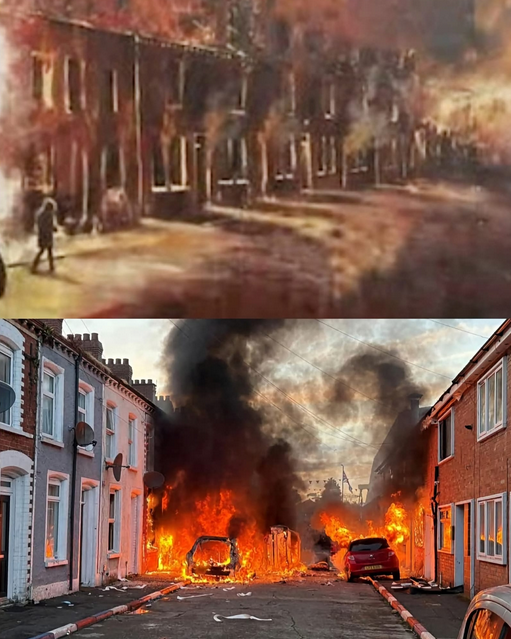 Brehon_is_Best's tweet photo. Bombay Street 1969/Newtonards Road 2026. The hatred comes from the same intolerant supremacism. Stand up to racism and pogroms. #Belfast https://t.co/8MzAB3t3Q7