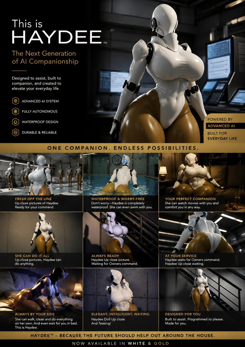 Mistabonk's tweet photo. (Ad)

Need an extra help? Need an Handjob? Or maybe around the house? Too busy to get everything done?

Meet Haydee, your personal Ai SD companion. Built with advanced AI and next-generation synthetic materials, Haydee learns your routines, adapts to your lifestyle, and helps with everyday tasks.

Unlike her game counterpart, she’s not programmed for combat—she’s programmed to make life easier. From household chores to keeping you company, Haydee is always ready to help.

The more time she spends with you, the more she learns, developing her own unique personality along the way.

Haydee: Low Maintenance

Your perfect companion. Coming 2040.

(Obviously this is a joke and it isn’t happening lmao) - (Did 4 Ad Variants, couldn’t do anymore)

(Credit My Work)💯
#Haydee
#Shitpost
#Ai
#Sus