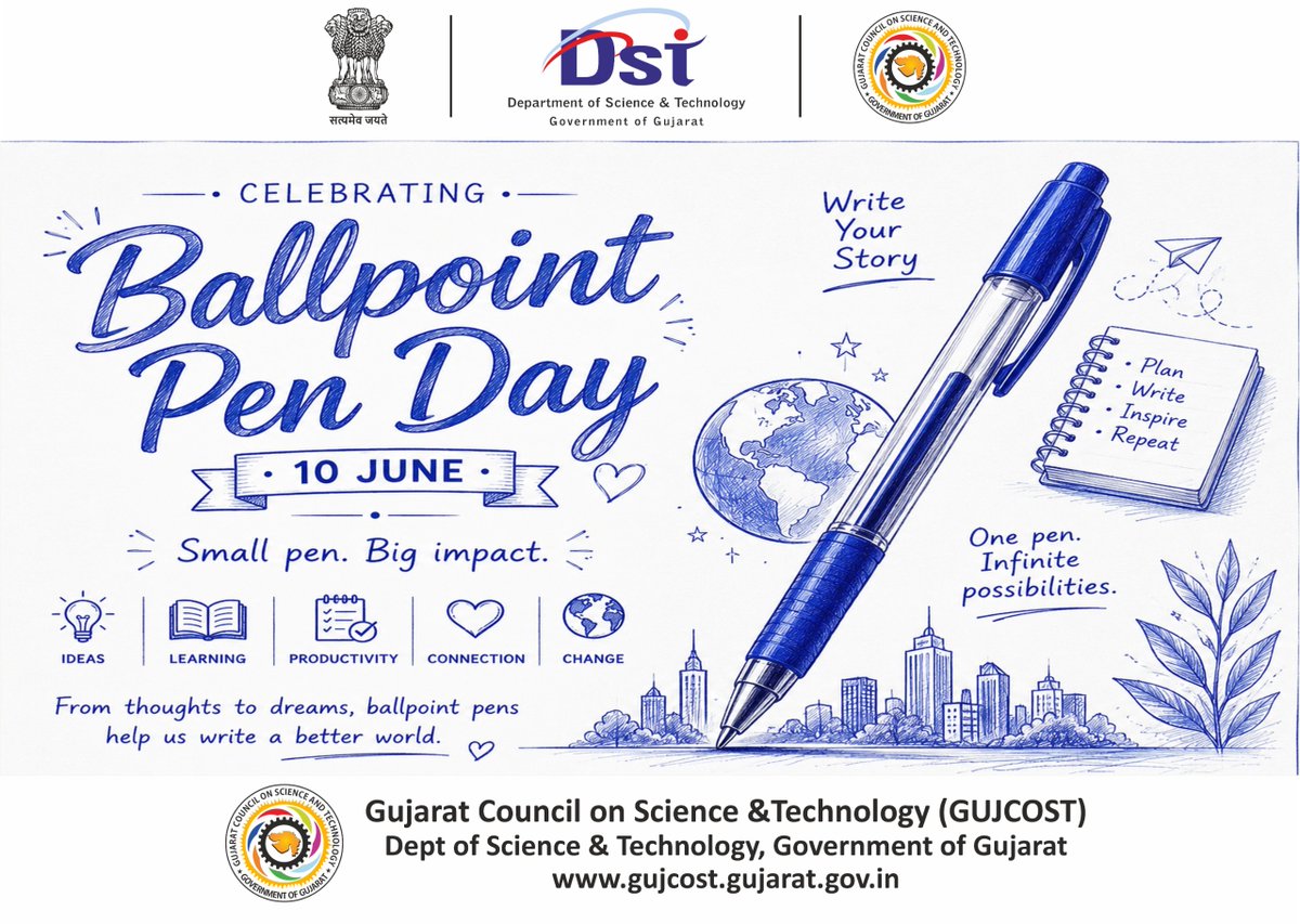 InfoGujcost's tweet photo. A small #invention that changed millions of lives!
This #BallpointPenDay, we celebrate the vision of Hungarian brothers László and György Bíró, who patented the modern #ballpoint pen on June 10, 1943.
From writing our first letters and exam answers to signing important milestones and preserving cherished memories, the humble pen has been a silent #companion in every #journey.
A simple tool, yet powerful enough to turn thoughts into words and dreams into reality.
#BallpointPenDay #Innovation #Writing #ScienceAndTechnology