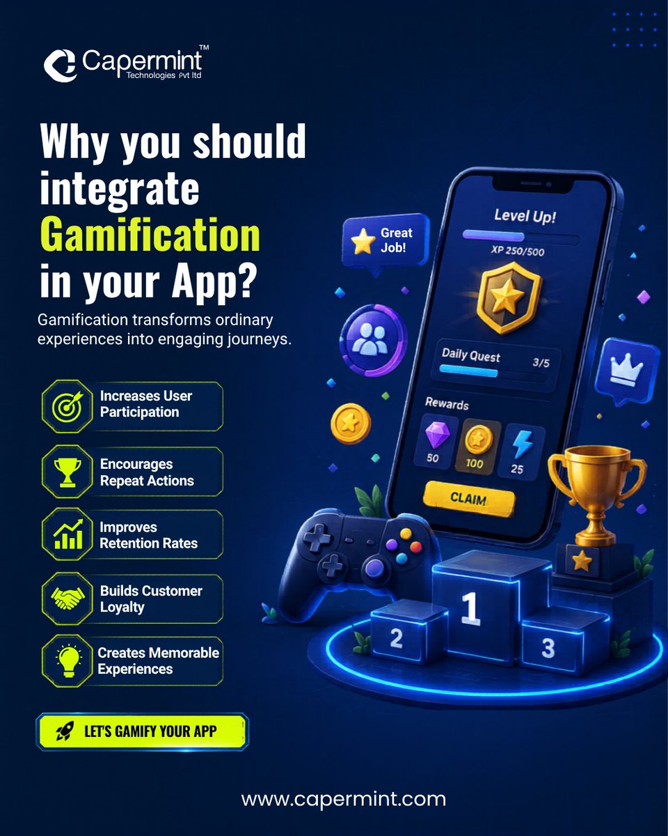 Caperminttech's tweet photo. 𝗚𝗮𝗺𝗶𝗳𝗶𝗰𝗮𝘁𝗶𝗼𝗻 𝘁𝘂𝗿𝗻𝘀 𝗼𝗿𝗱𝗶𝗻𝗮𝗿𝘆 𝗮𝗽𝗽𝘀 𝗶𝗻𝘁𝗼 𝗲𝗻𝗴𝗮𝗴𝗶𝗻𝗴 𝗲𝘅𝗽𝗲𝗿𝗶𝗲𝗻𝗰𝗲𝘀! 🚀

🎯 Boosts participation
🏆 Encourages repeat actions
📈 Improves retention
🤝 Builds loyalty
💡 Creates memorable moments

#Gamification #AppEngagement https://t.co/CHNhvoELxe
